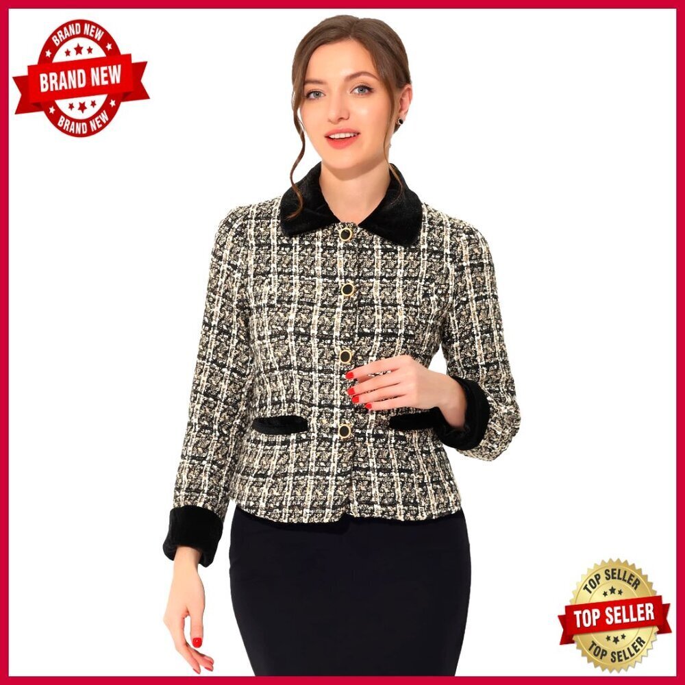 Slim Fit Tweed Cropped Blazer Long Sleeve Plaid Office Jacket Vintage